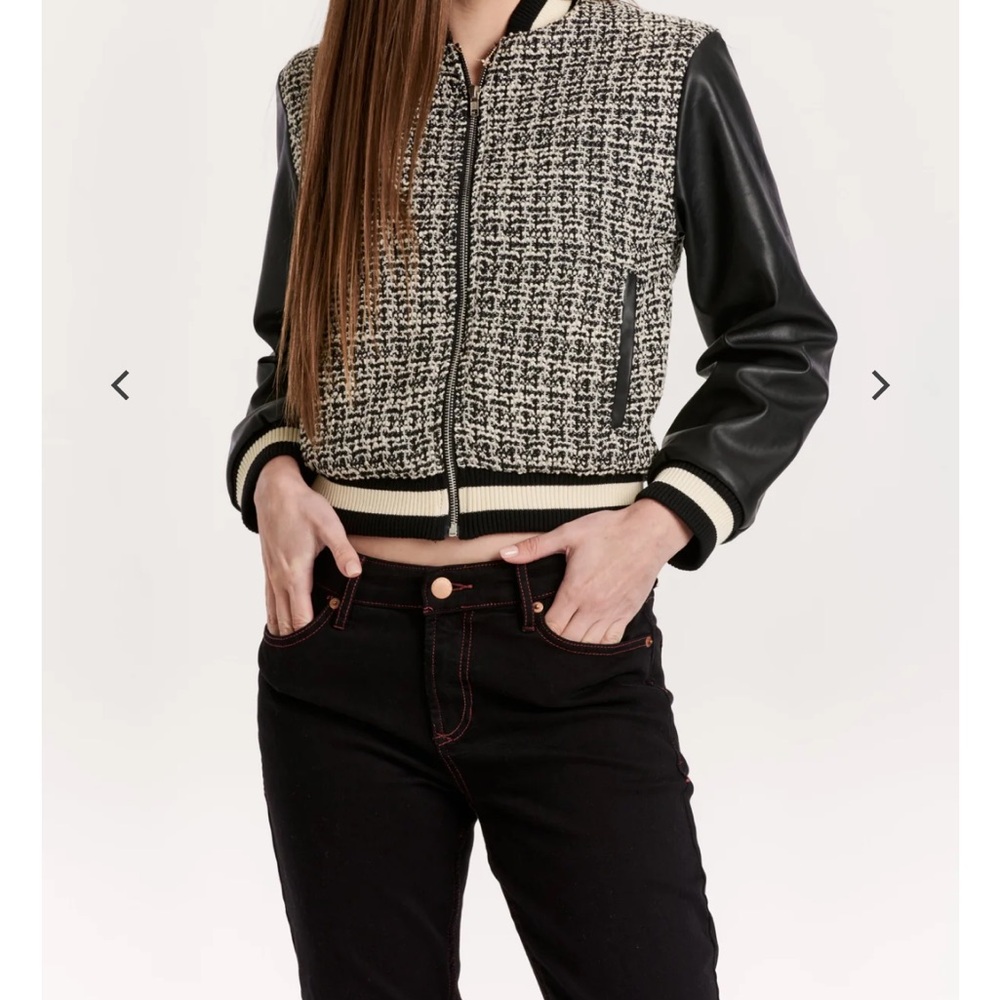Another Love Black and White Varsity Jacket with Tweed Pattern